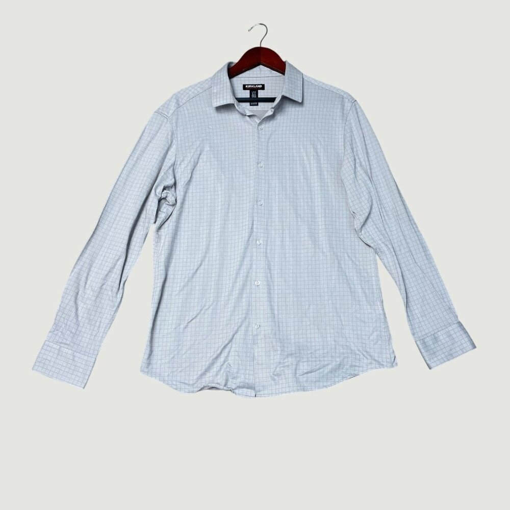 Kirkland Signature Men's L Gray Checkered Long Sleeve Button-Up Shirt  L1365